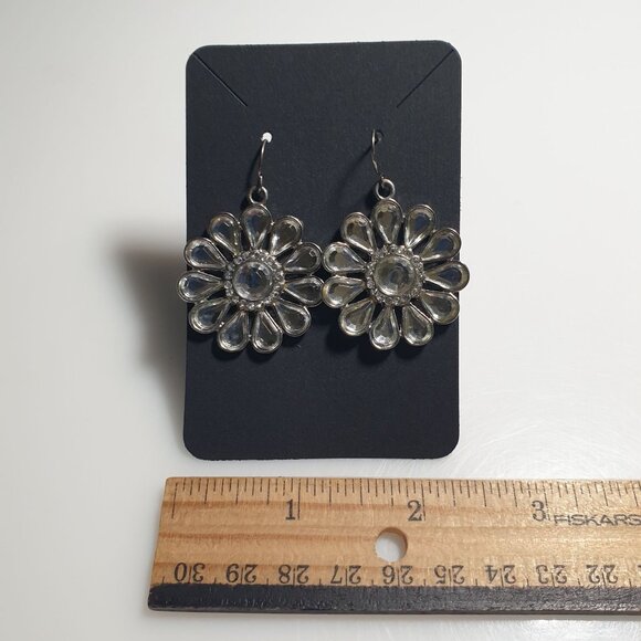 Silver Flower Drop Earrings Round Crystal Design Hook Elegant Jewelry Gift Party - Picture 3 of 4